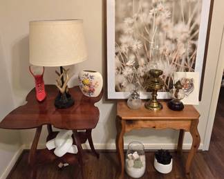 antique table, antler lamp, hurricane lamps, wall art, and more