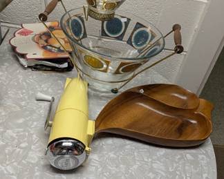 MID CENTURY CHIP AND DIP, YELLOW ICE CRUSHER, TEAK SERVING PIECE