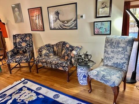 Immaculate upholstered furniture, framed prints, Chinese Garden Seat, Chinese Area Rug, silver plated Tea Service.