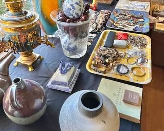 Costume Jewelry, watches, Samovar, carpet balls, colored glass vase.