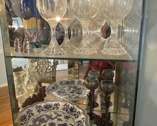 Cut Crystal Goblets, Blue and White Dishes, Double Door Lighted Display Case.