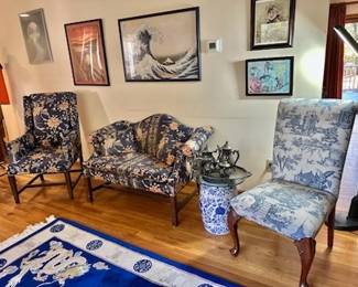 Immaculate upholstered furniture, framed prints, Chinese Garden Seat, Chinese Area Rug, silver plated Tea Service.