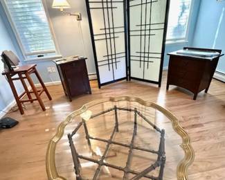 Mission Style End Tables, (two of four). Glass and Brass Coffee Table. Two Panel Screen.