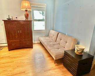 Mission Style Entertainment Center, MCM Sofa, Lift Top Side Table.