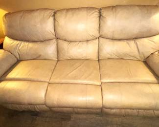 BUY IT NOW! $175.00. Taupe leather reclining sofa.       89" W x 36" D x 40" H.