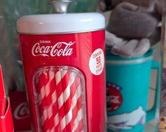 Coca Cola Straw Dispenser & plastic straws 