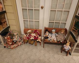 Vintage porcelain dolls- large collection of doll furniture- plush animal stuffed animals and more
