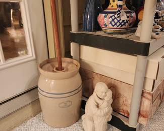 , vintage Butter Churn,3 gallon. Stoneware pottery- stoneware churn blue rings