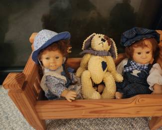 From Grandma's heart yellow Chenille dog named spot blue gingham necktie and gingham ears
Buck tooth doll red pigtails