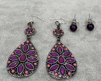 PINK/PURPLE BOHEMIAN STYLE DANGLE EARRINGS & PURPLE STUD EARRINGS