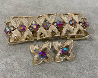 VINTAGE CORO  RHINESTONE SILVER TONE BRACELET & CLIP ON EARRINGS