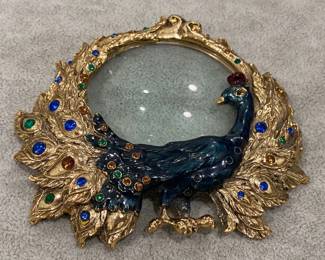 VINTAGE PEACOCK MAGNIFYING GLASS- VERY HEAVY & HAS BEAUTIFUL DETAIL 