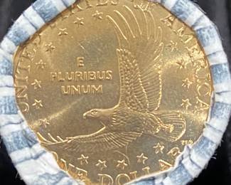 UNCIRCULATED BANK ROLL OF SACAGAWEA GOLD DOLLAR COINS