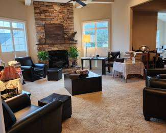 Copper Goose Weathervane, Leather Accent Chairs, Treenware Tray, Aroma Pueblo Pottery, Black Cube Footed Ottoman, Standish Patio Dining Table w/ Chairs, Victorian Cast Iron Coal Shuttle, Black Sq. Accent Table