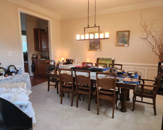 Jacobean Revival Dining Room Set 7 ft Table with Leaves, 8 chairs