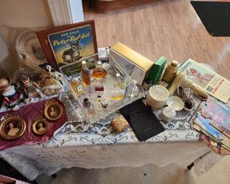 Designer perfume,Ginny Dolls, Vintage Advertising items, Chalkware Framed Art