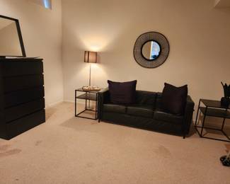 IKEA 5 DRAW DRESSER, 2 SIDE TABLES, SM. LEATHER SOFA, MIRROR, LAMP