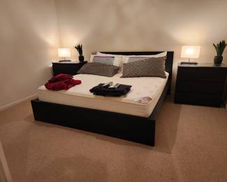 Ikea Malm Queen Size Bed Frame ,Sunrise Queen Size Mattress, Malm 3 Draw Dresser, Lamps, Mongstad Mirror