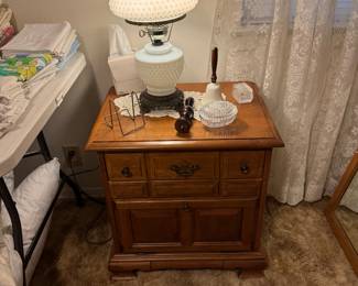Night stand and milk glass lamp