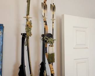 Japanese boys Day. Sword and bow and arrow displays.