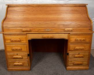 Solid Oak Roll-Top Desk With Multi-Storage Drawers
