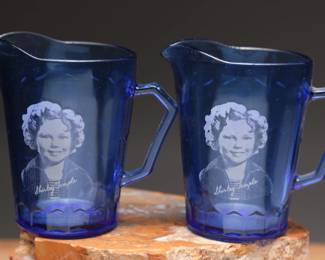 1930s Shirley Temple Cobalt Glass Pitchers