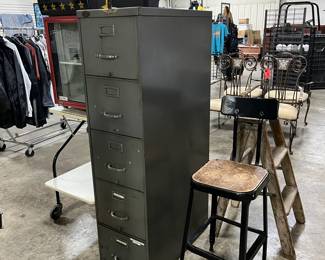 Old file cabinet 1940s, stool likely also 1940s