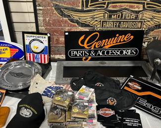 HD trading cards, signs, hat, handlebar pouches, koozies