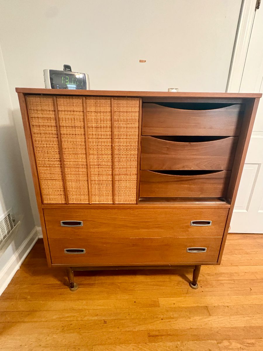 Mainline by Hooker Mid Century Walnut and Cane 8 Drawer Highboy Dresser (excellent condition)