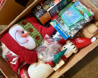 Boxes of older Christmas decorations.