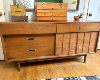 Mainline by Hooker Mid Century Walnut and Cane Reversible Door Lowboy Dresser.