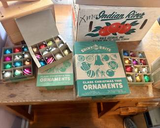 Vintage Christmas ornaments in their original boxes.