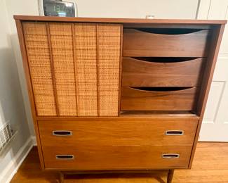 Mainline by Hooker Mid Century Walnut and Cane 8 Drawer Highboy Dresser (excellent condition)