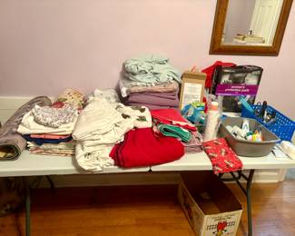 Rugs, linens, bedsheets, and personal items like medical supplies, cleaning products, curling irons, etc.