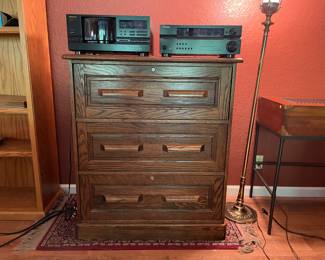 Oak Filing Cabinet, CD player, audio receiver