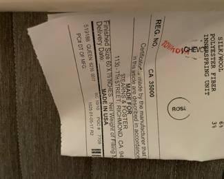 Queen mattress and box springs tag, Stearns  Foster