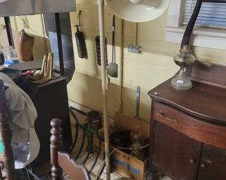 Cast iron log holder, vintage floor lamp, large dehumidifier