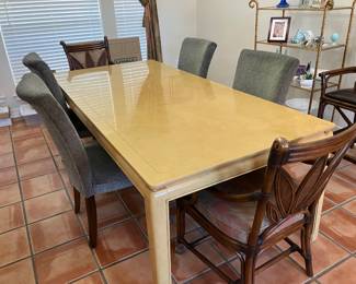 White Furniture Co circa 1980 dining table and six chairs. Two 22" leaves. Shown 84" with one leaf. 62" w/o leaves, 108" with both leaves