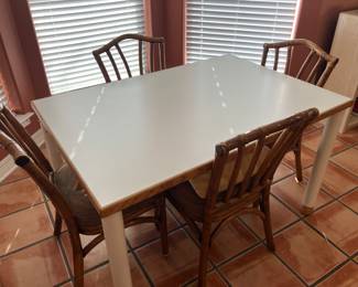 double drop-leaf breakfast table, four faux-bamboo chairs