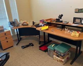 office furniture; corner piece separates from two-tier desk