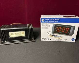 Vintage Pennwood Numechron Tymeter Clock With Modern New In Box Timex Clock Radio