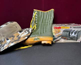 Ultimate Sportsman Mystery Lot With Boots And Hat And Knife Sharpener