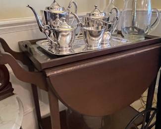 Tea cart, silverplate tea service