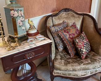 Antique chair, marble top table