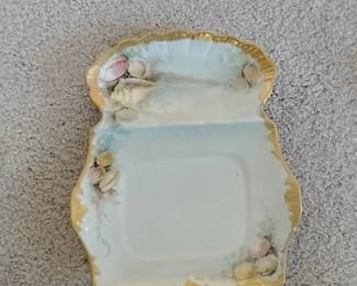 Antique Porcelain Divided Serving Dish with Seashells and Gilded Rim