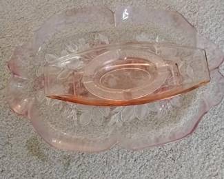 Pink Depression Glass Floral Etched Serving Tray and ashtray set