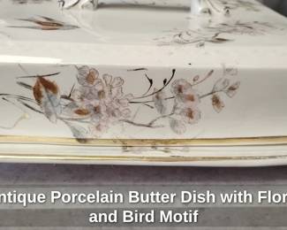 Antique Porcelain Butter Dish with Floral and Bird Motif