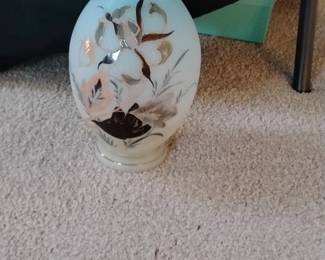 Victorian Opaline Glass Vase with Applied Blue Ruffled Rim and Floral Decoration