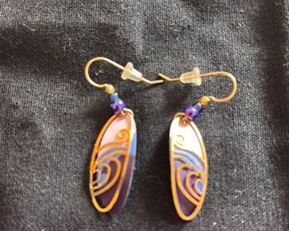 Enamel and Gold Tone Oval Earrings with Blue and Purple Swirl Design