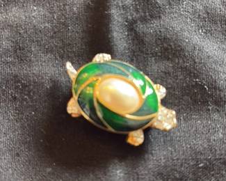 Enamel and Faux Pearl Turtle Brooch